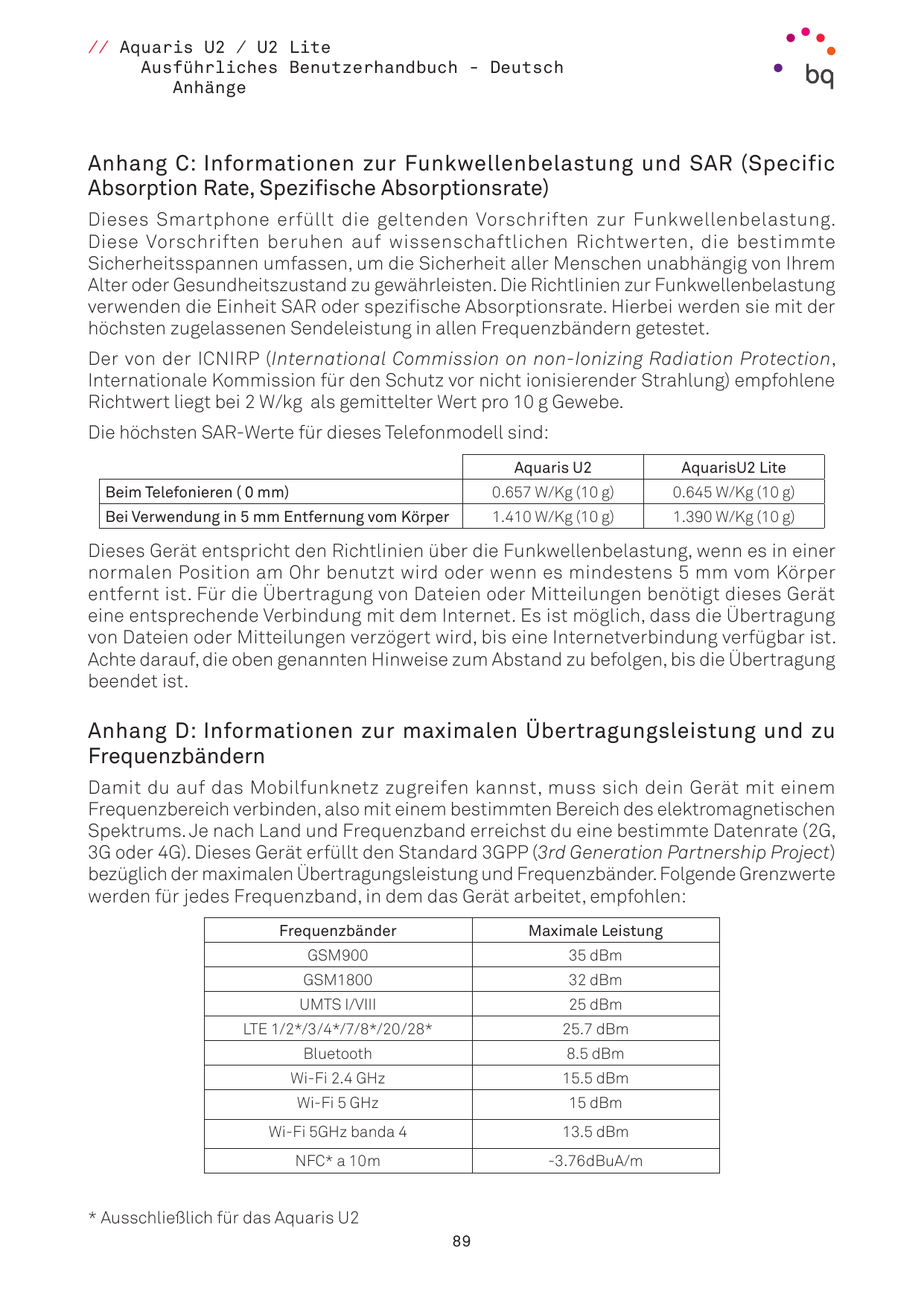 // Aquaris U2 / U2 LiteAusführliches Benutzerhandbuch - DeutschAnhängeAnhang C: Informationen zur Funkwellenbelastung und SAR (S