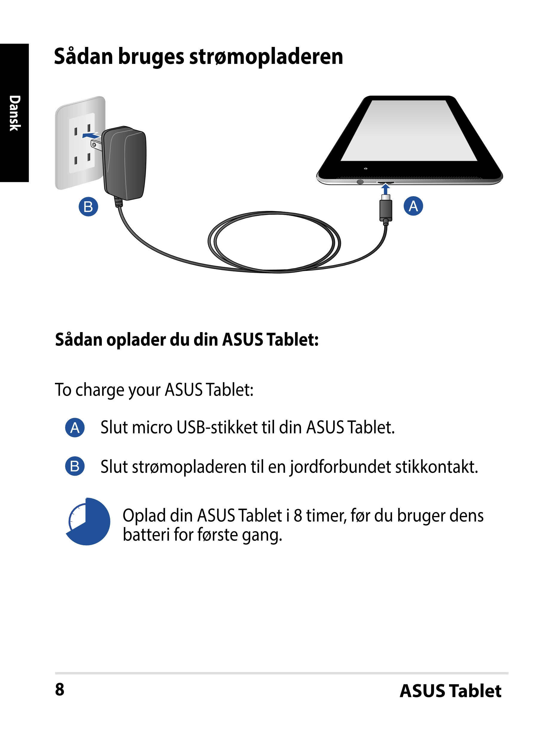 Sådan bruges strømopladeren
Dansk
Sådan oplader du din ASUS Tablet:
To charge your ASUS Tablet:
Slut micro USB-stikket til din A