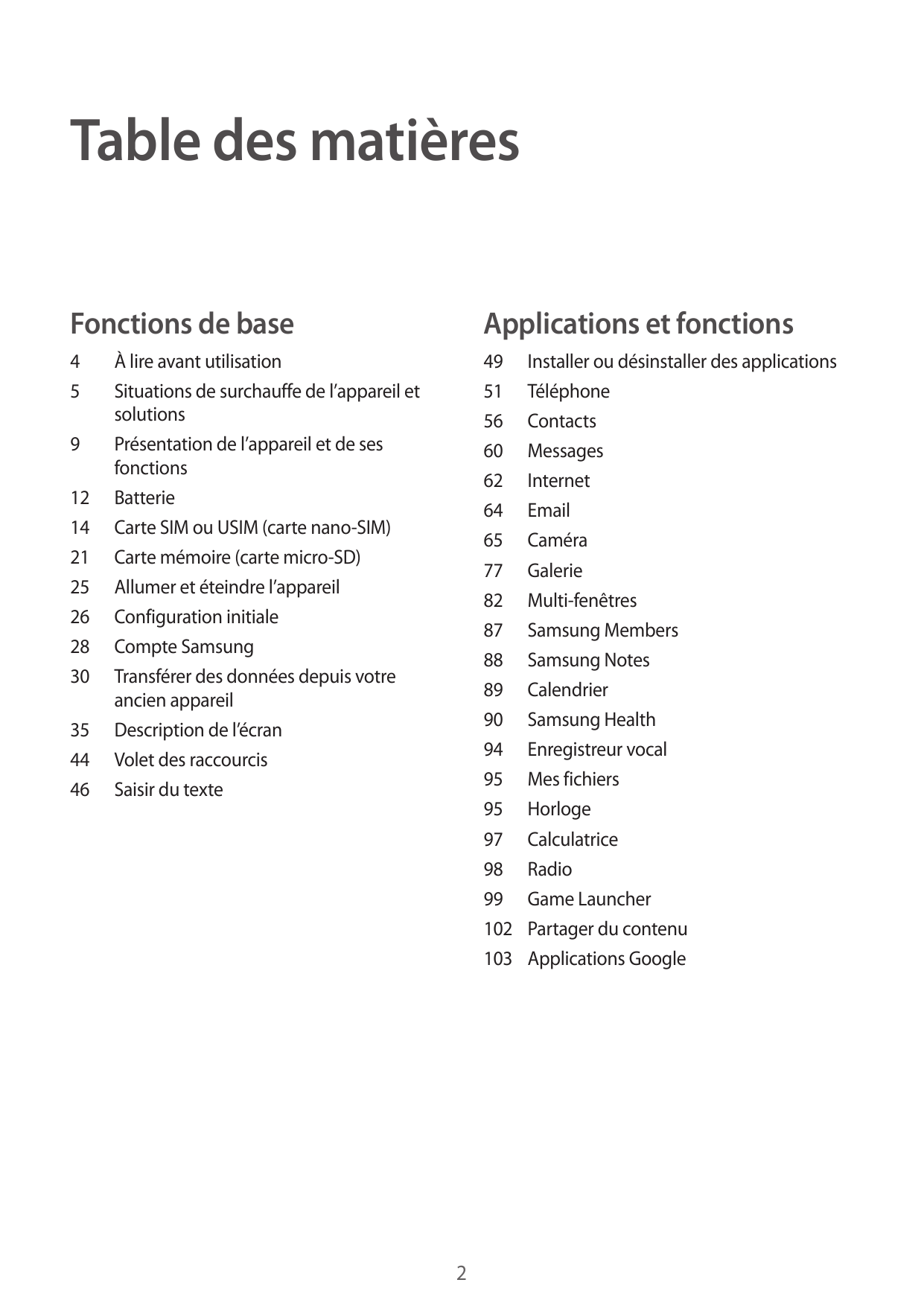 Table des matièresFonctions de baseApplications et fonctions4549 Installer ou désinstaller des applications51Téléphone56Contacts