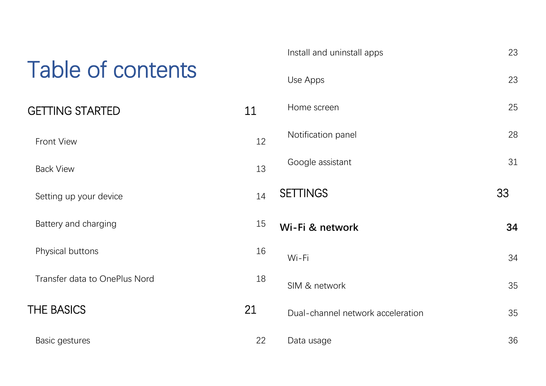 Table of contentsGETTING STARTED11Install and uninstall apps23Use Apps23Home screen25Notification panel28Google assistant31Front