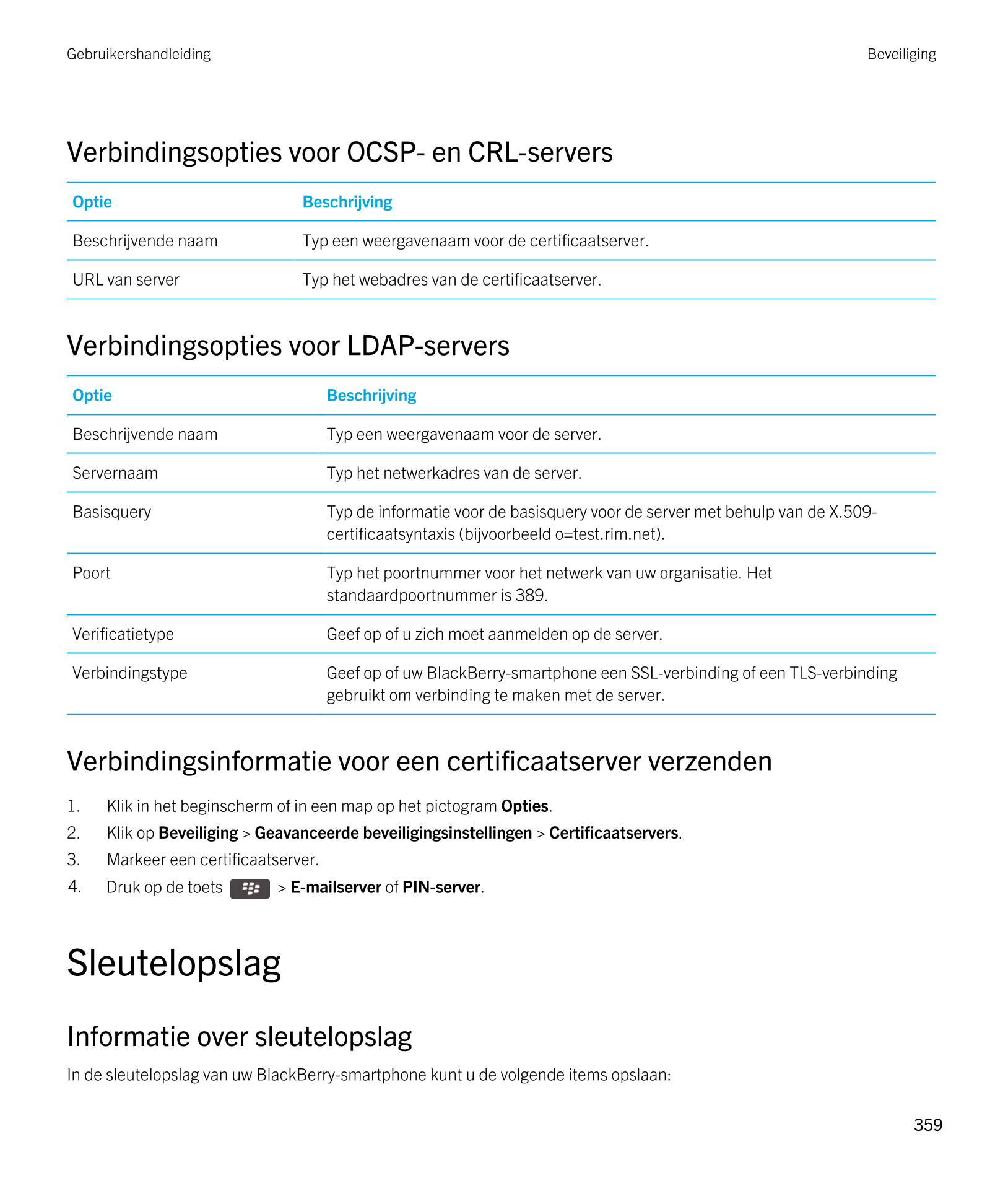 Gebruikershandleiding Beveiliging
Verbindingsopties voor OCSP- en CRL-servers
Optie Beschrijving
Beschrijvende naam Typ een weer