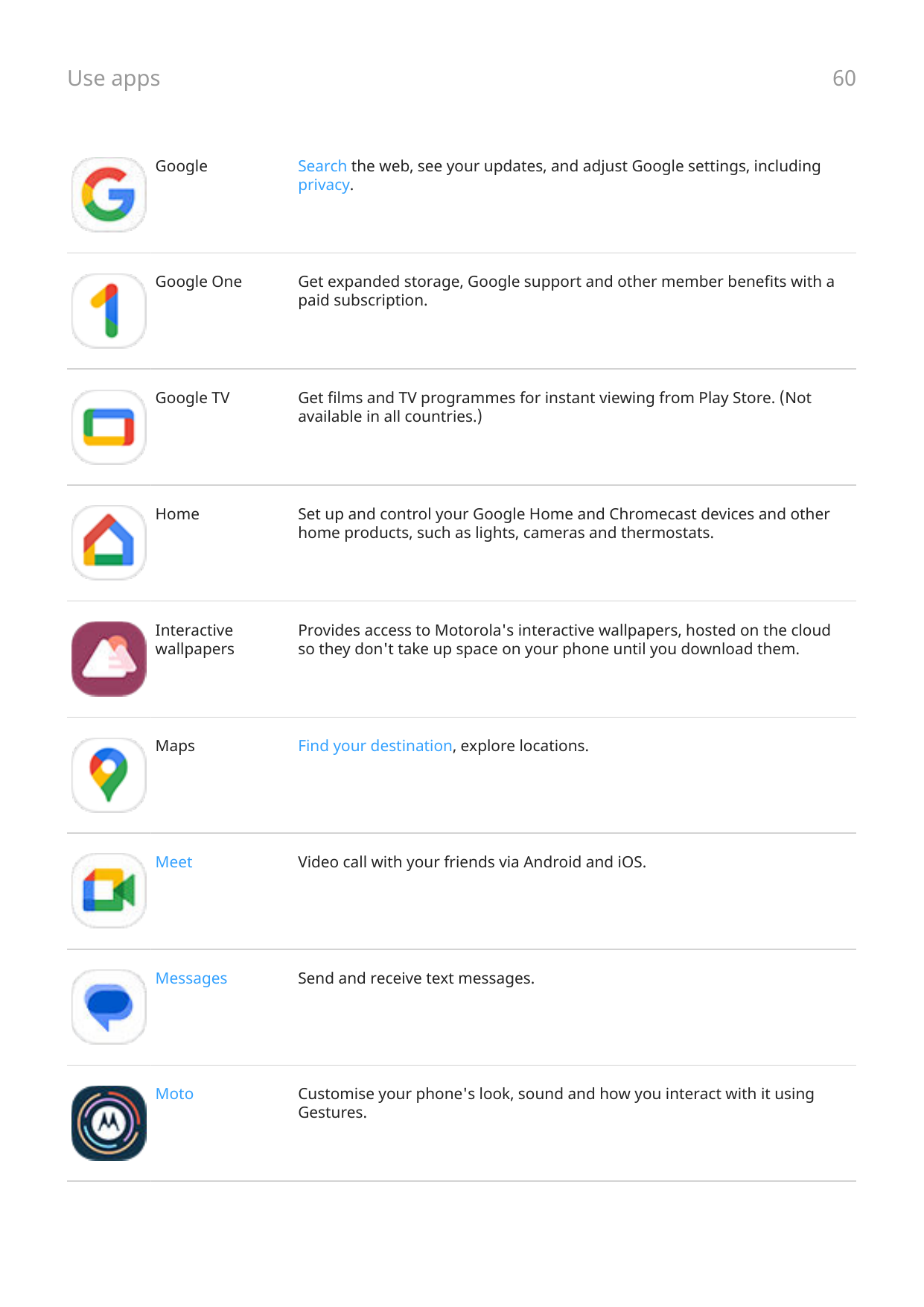 Use apps60GoogleSearch the web, see your updates, and adjust Google settings, includingprivacy.Google OneGet expanded storage, G