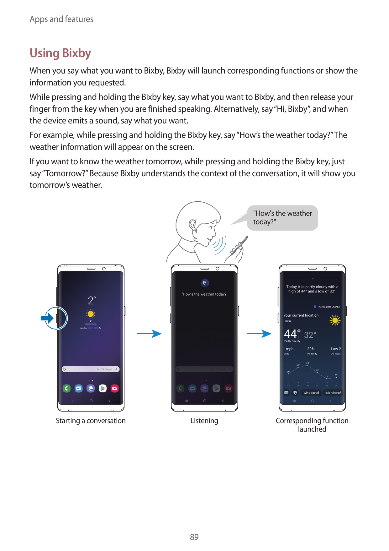 Apps and featuresUsing BixbyWhen you say what you want to Bixby, Bixby will launch corresponding functions or show theinformatio