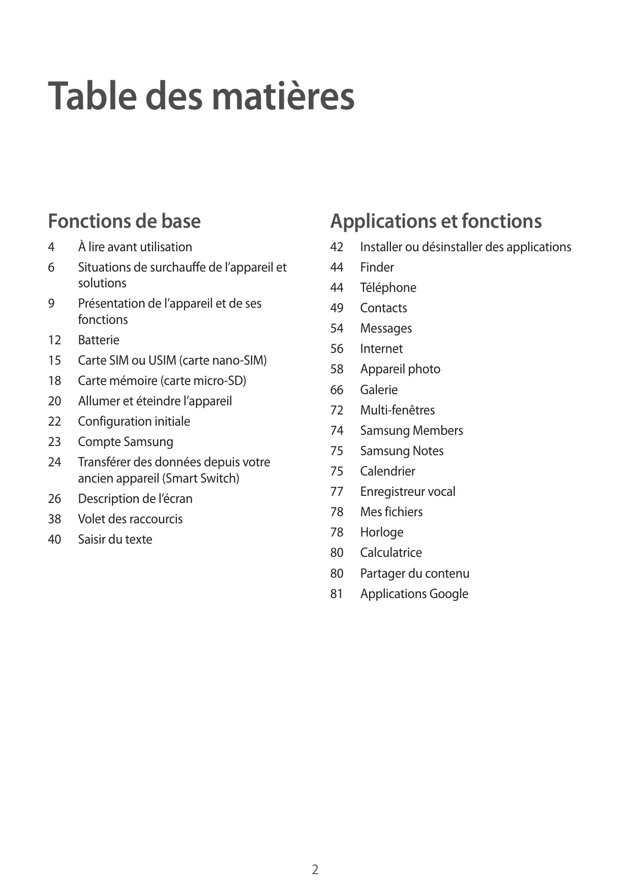 Table des matièresFonctions de baseApplications et fonctions4642 Installer ou désinstaller des applications44Finder44Téléphone49