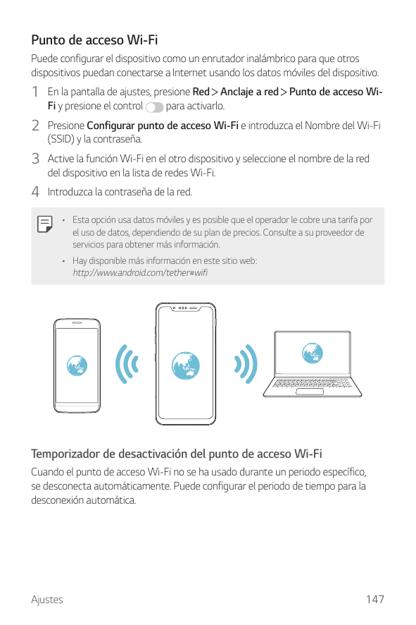 Punto de acceso Wi-FiPuede configurar el dispositivo como un enrutador inalámbrico para que otrosdispositivos puedan conectarse 