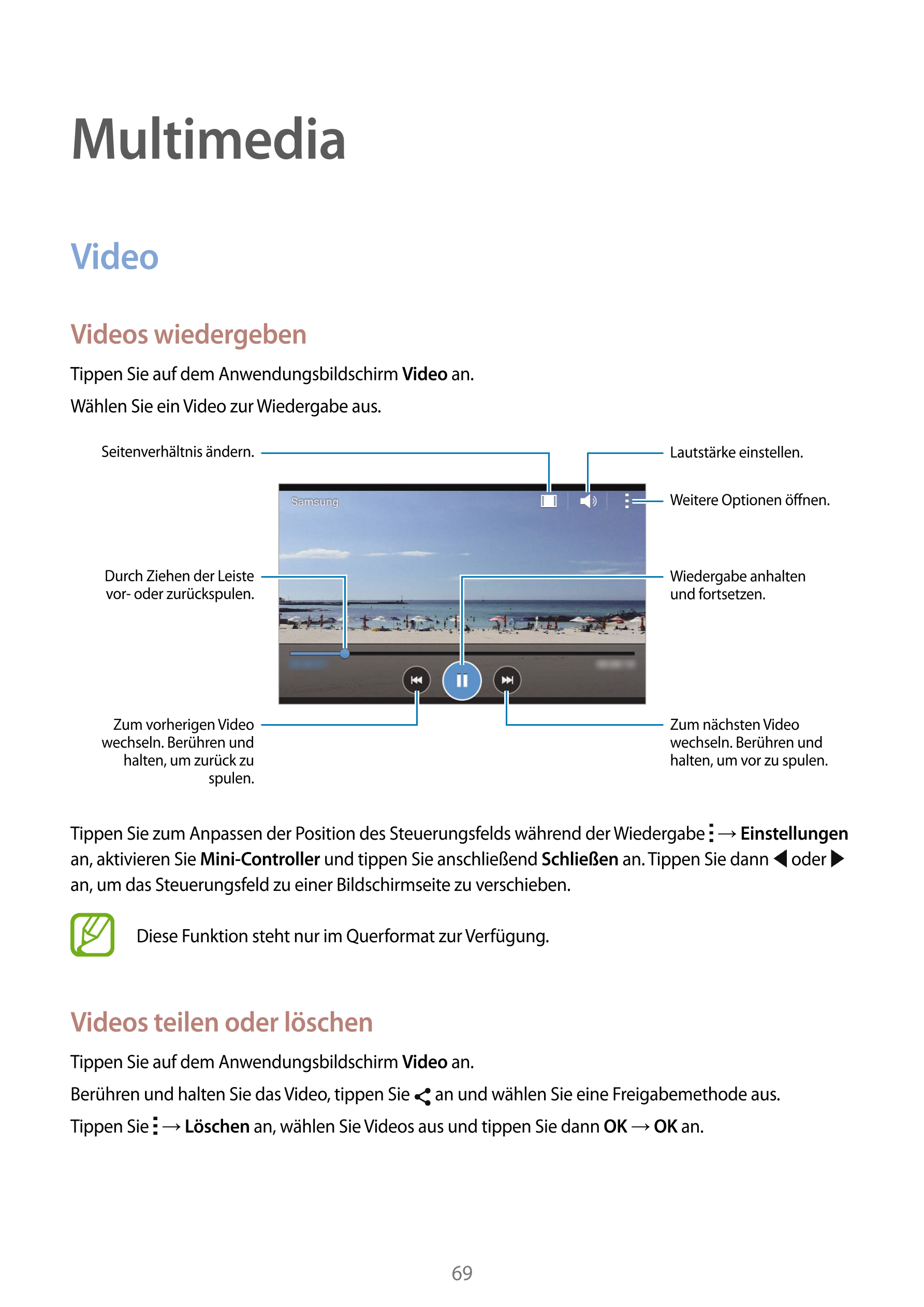 Multimedia
Video
Videos wiedergeben
Tippen Sie auf dem Anwendungsbildschirm  Video an.
Wählen Sie ein Video zur Wiedergabe aus.
