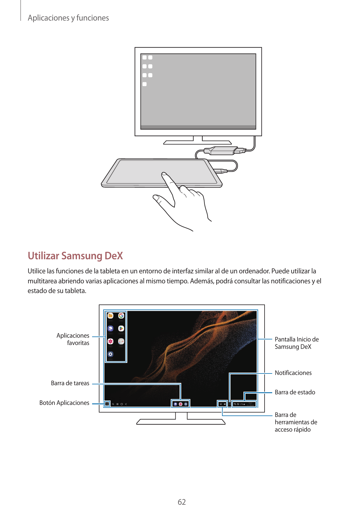 Aplicaciones y funcionesUtilizar Samsung DeXUtilice las funciones de la tableta en un entorno de interfaz similar al de un orden