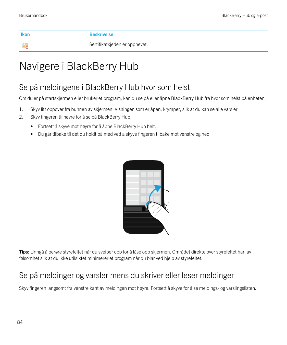 BrukerhåndbokIkonBlackBerry Hub og e-postBeskrivelseSertifikatkjeden er opphevet.Navigere i BlackBerry HubSe på meldingene i Bla
