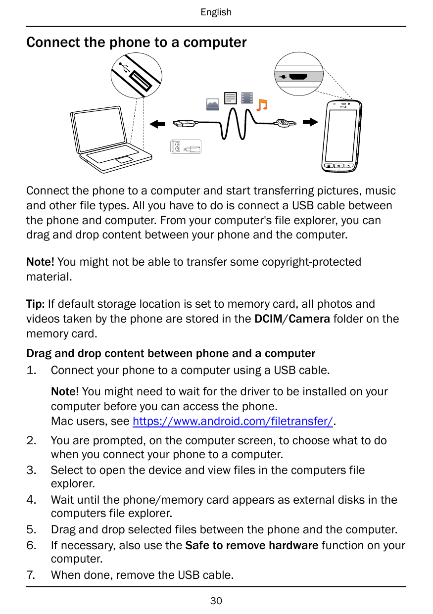 EnglishConnect the phone to a computerConnect the phone to a computer and start transferring pictures, musicand other file types