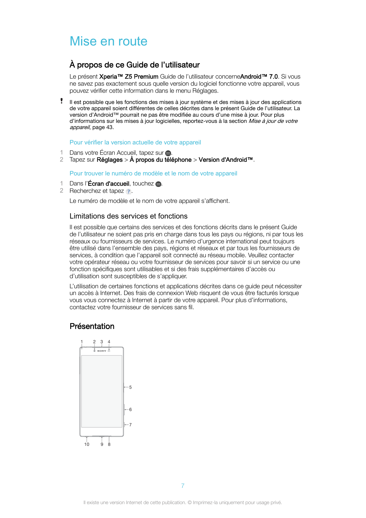 Mise en routeÀ propos de ce Guide de l’utilisateurLe présent Xperia™ Z5 Premium Guide de l’utilisateur concerneAndroid™ 7.0. Si 