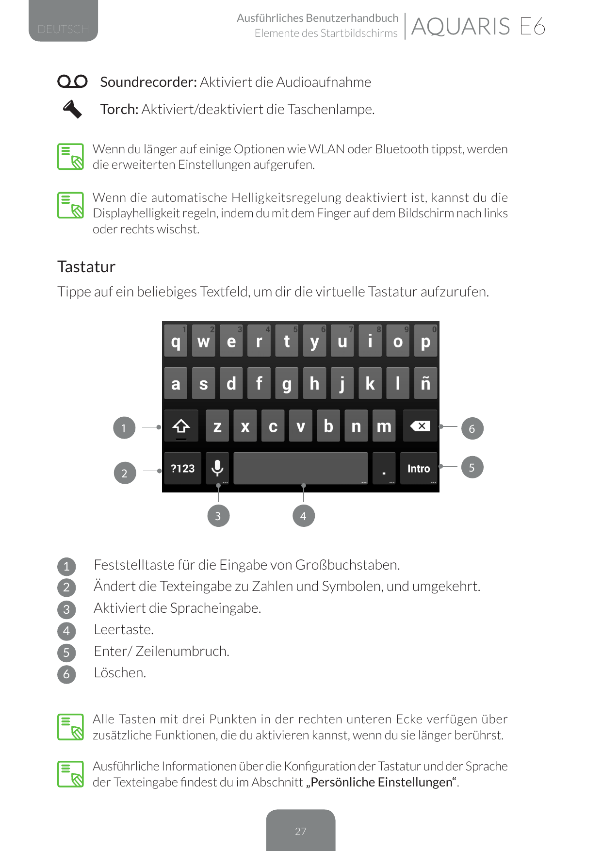 Ausführliches BenutzerhandbuchElemente des StartbildschirmsDEUTSCHSoundrecorder: Aktiviert die AudioaufnahmeTorch: Aktiviert/dea