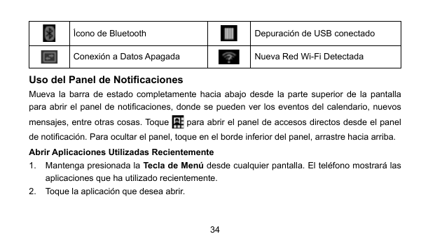 Ícono de BluetoothDepuración de USB conectadoConexión a Datos ApagadaNueva Red Wi-Fi DetectadaUso del Panel de NotificacionesMue