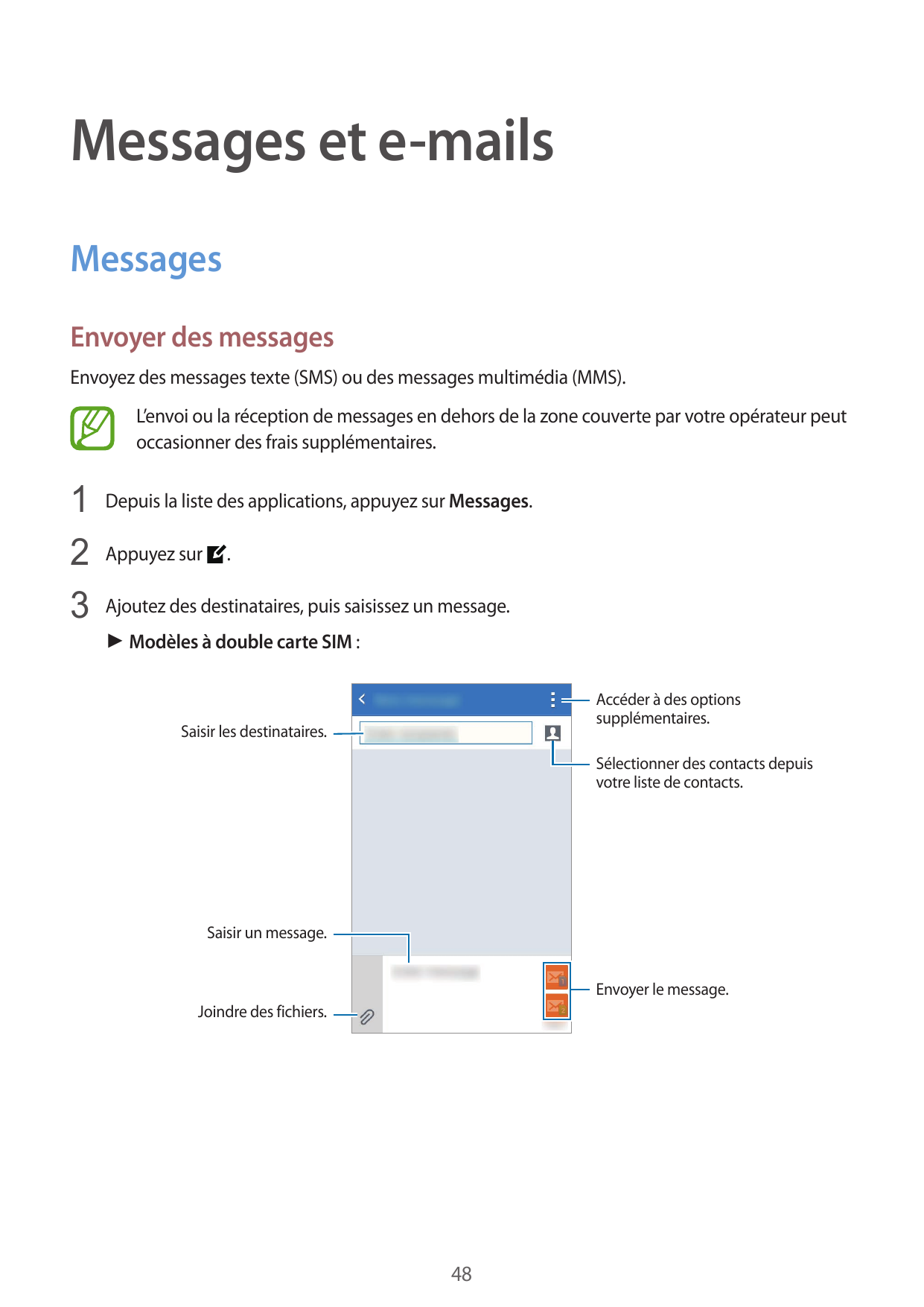 Messages et e-mailsMessagesEnvoyer des messagesEnvoyez des messages texte (SMS) ou des messages multimédia (MMS).L’envoi ou la r