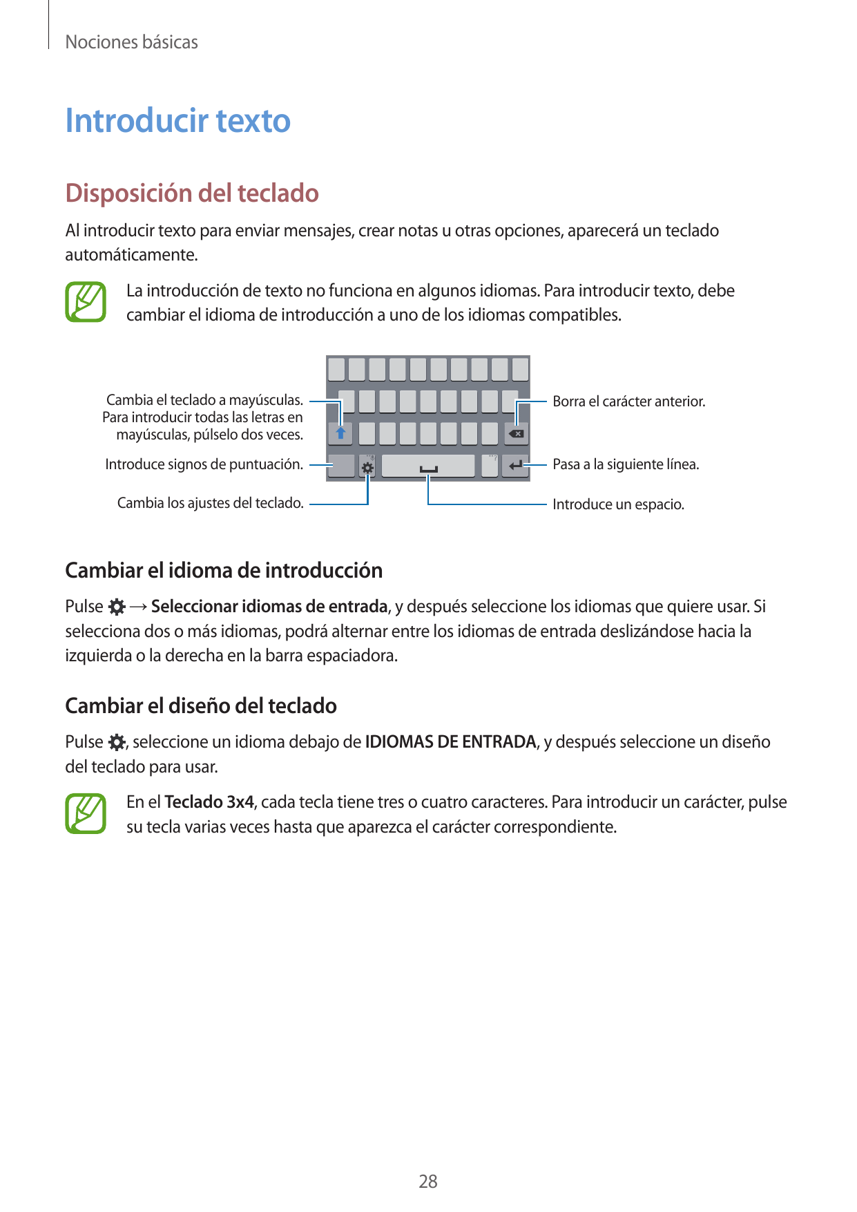 Nociones básicasIntroducir textoDisposición del tecladoAl introducir texto para enviar mensajes, crear notas u otras opciones, a