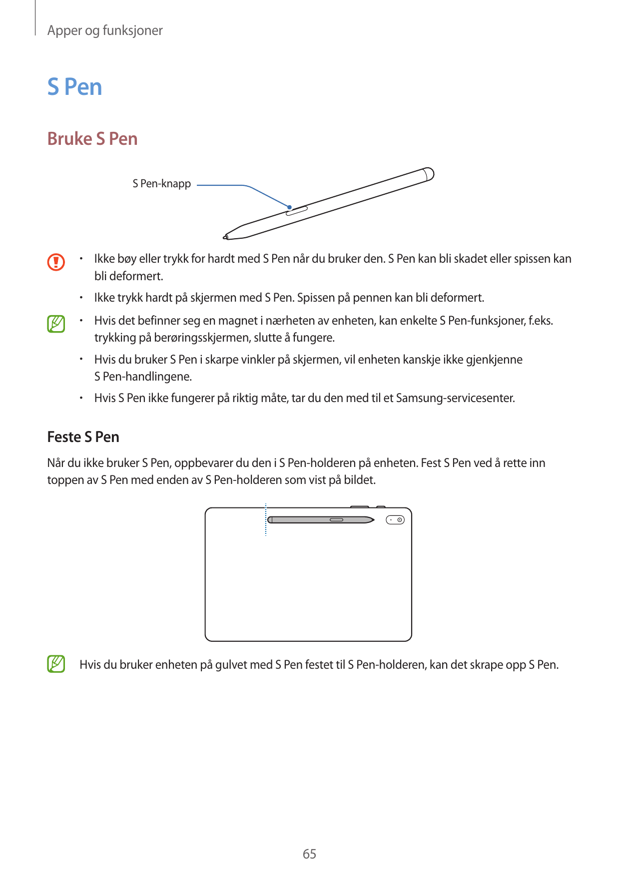 Apper og funksjonerS PenBruke S PenS Pen-knapp•  Ikke bøy eller trykk for hardt med S Pen når du bruker den. S Pen kan bli skade