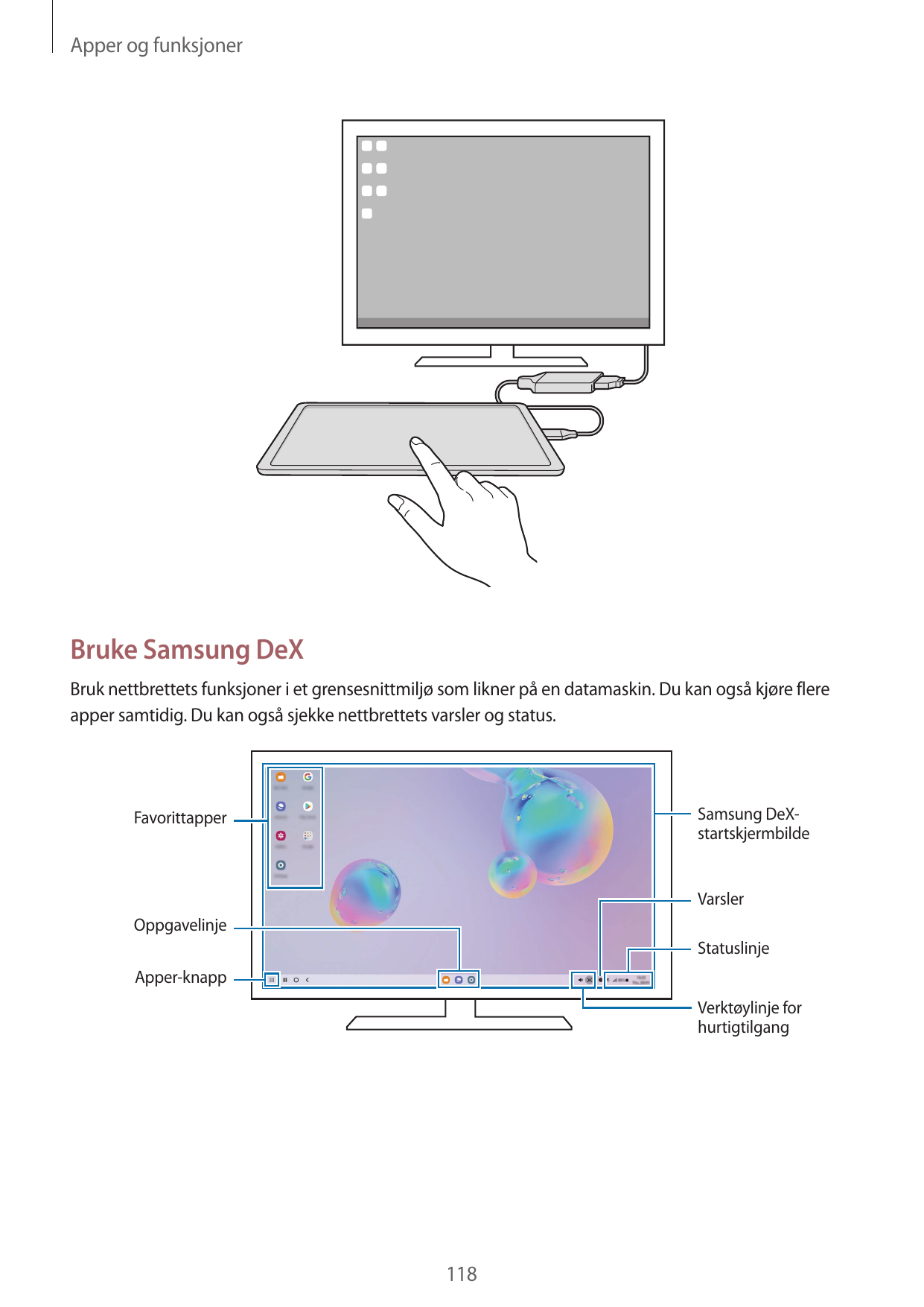 Apper og funksjonerBruke Samsung DeXBruk nettbrettets funksjoner i et grensesnittmiljø som likner på en datamaskin. Du kan også 