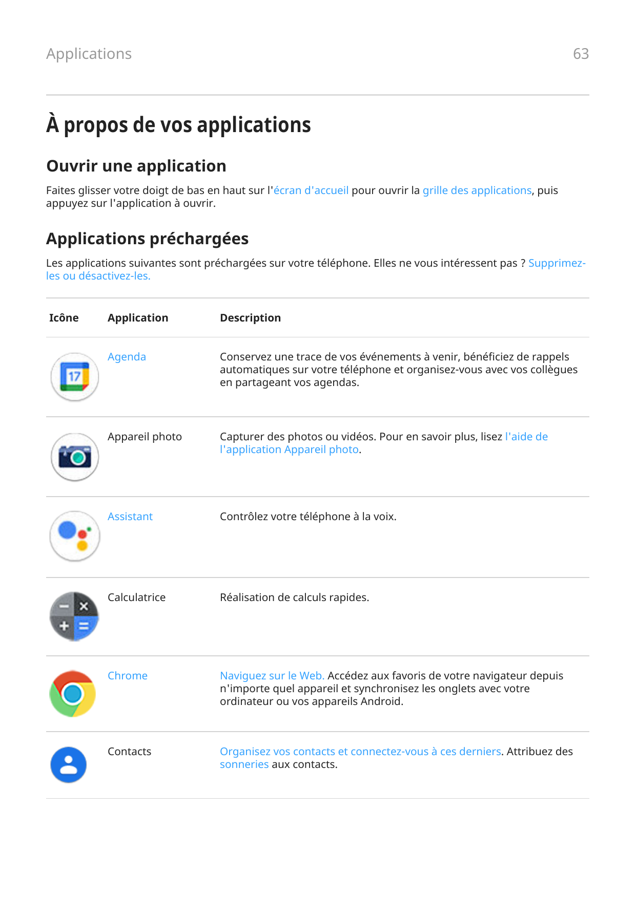 Applications63À propos de vos applicationsOuvrir une applicationFaites glisser votre doigt de bas en haut sur l'écran d'accueil 