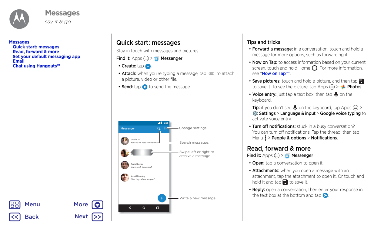 Messagessay it & goMessagesQuick start: messagesRead, forward & moreSet your default messaging appEmailChat using Hangouts™Quick