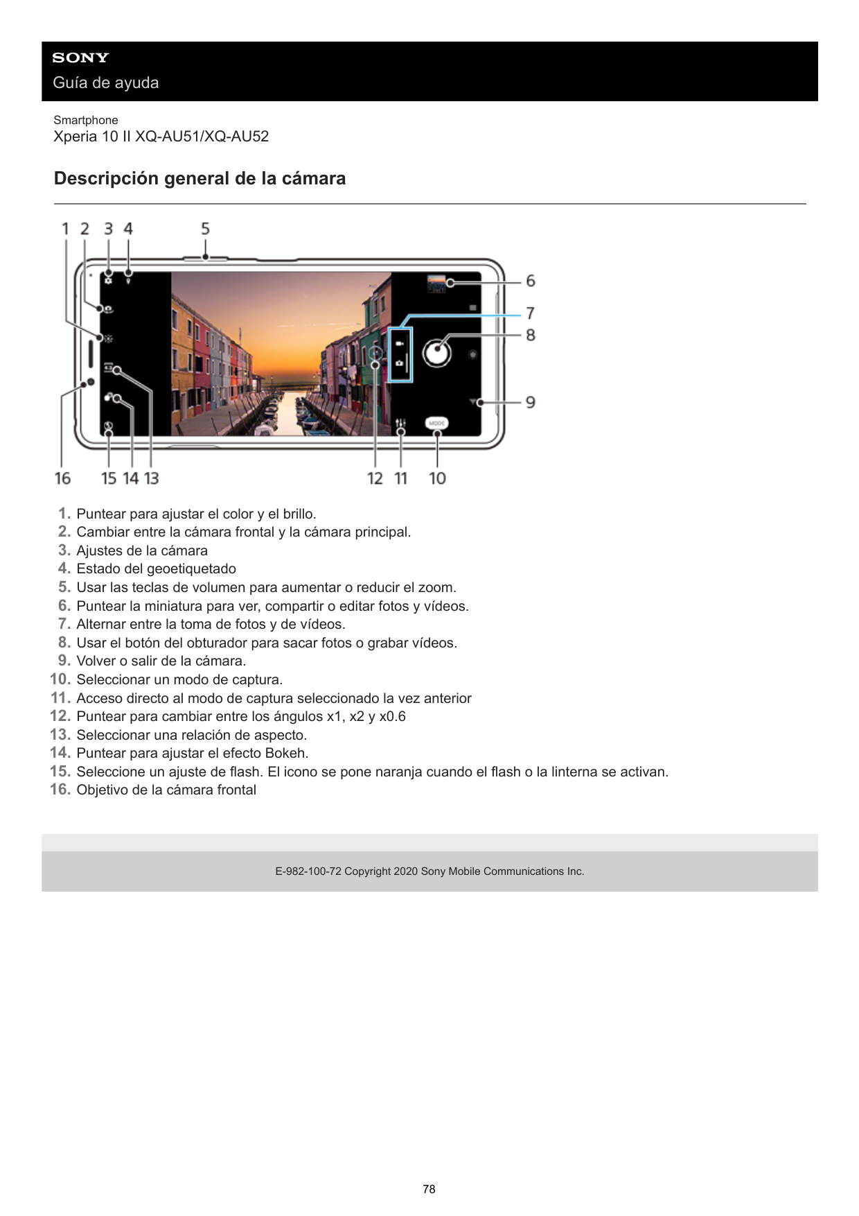 Guía de ayudaSmartphoneXperia 10 II XQ-AU51/XQ-AU52Descripción general de la cámara1.2.3.4.5.6.7.8.9.10.11.12.13.14.15.16.Puntea