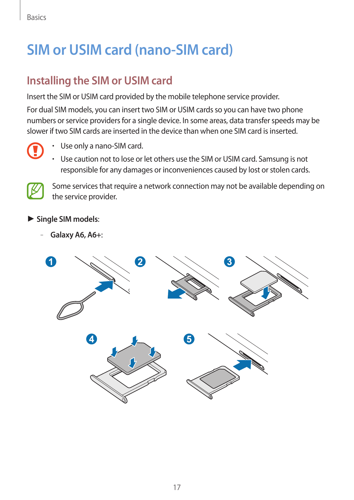 BasicsSIM or USIM card (nano-SIM card)Installing the SIM or USIM cardInsert the SIM or USIM card provided by the mobile telephon