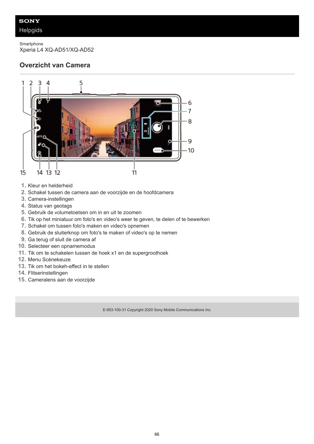 HelpgidsSmartphoneXperia L4 XQ-AD51/XQ-AD52Overzicht van Camera1.2.3.4.5.6.7.8.9.10.11.12.13.14.15.Kleur en helderheidSchakel tu