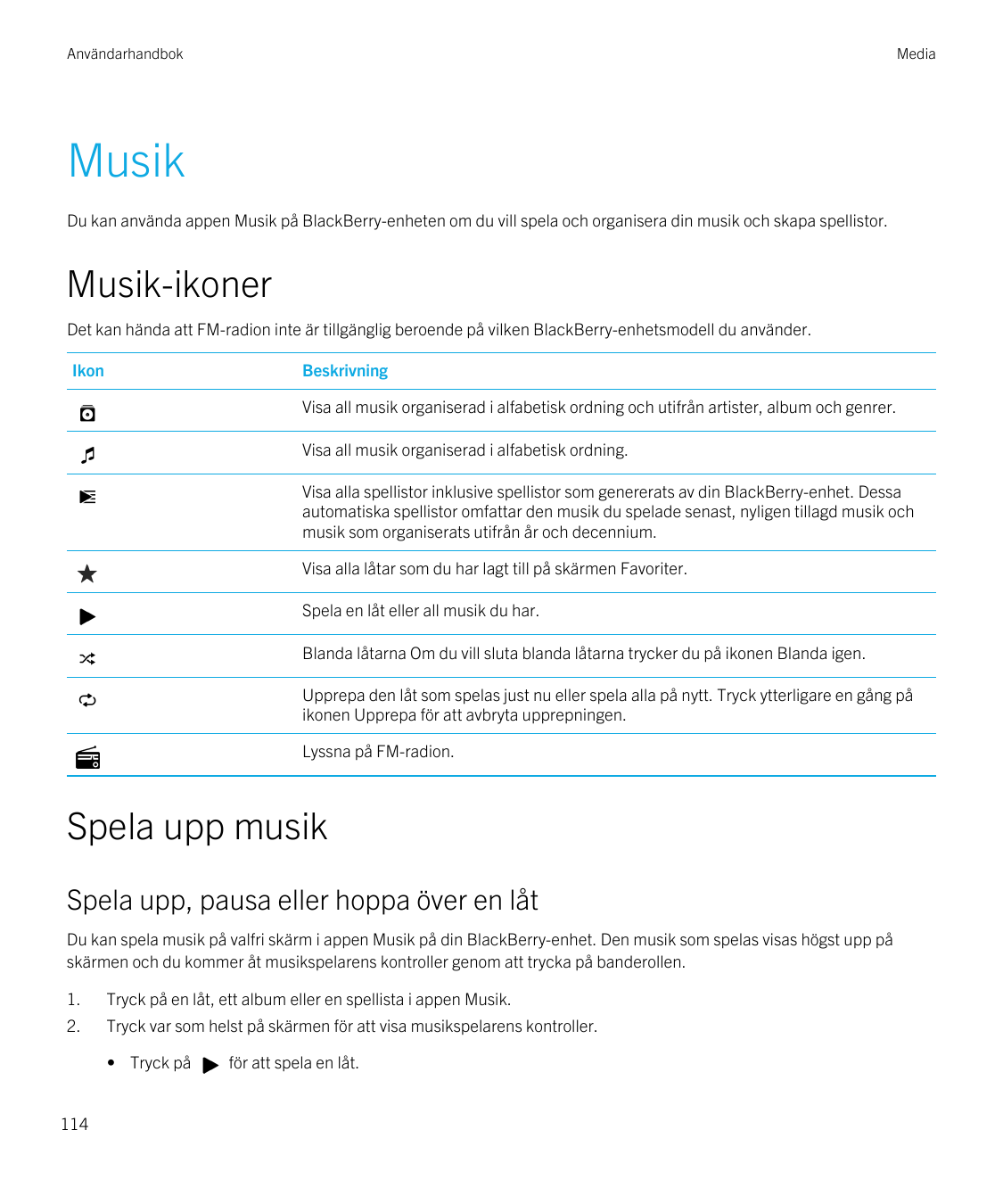 AnvändarhandbokMediaMusikDu kan använda appen Musik på BlackBerry-enheten om du vill spela och organisera din musik och skapa sp