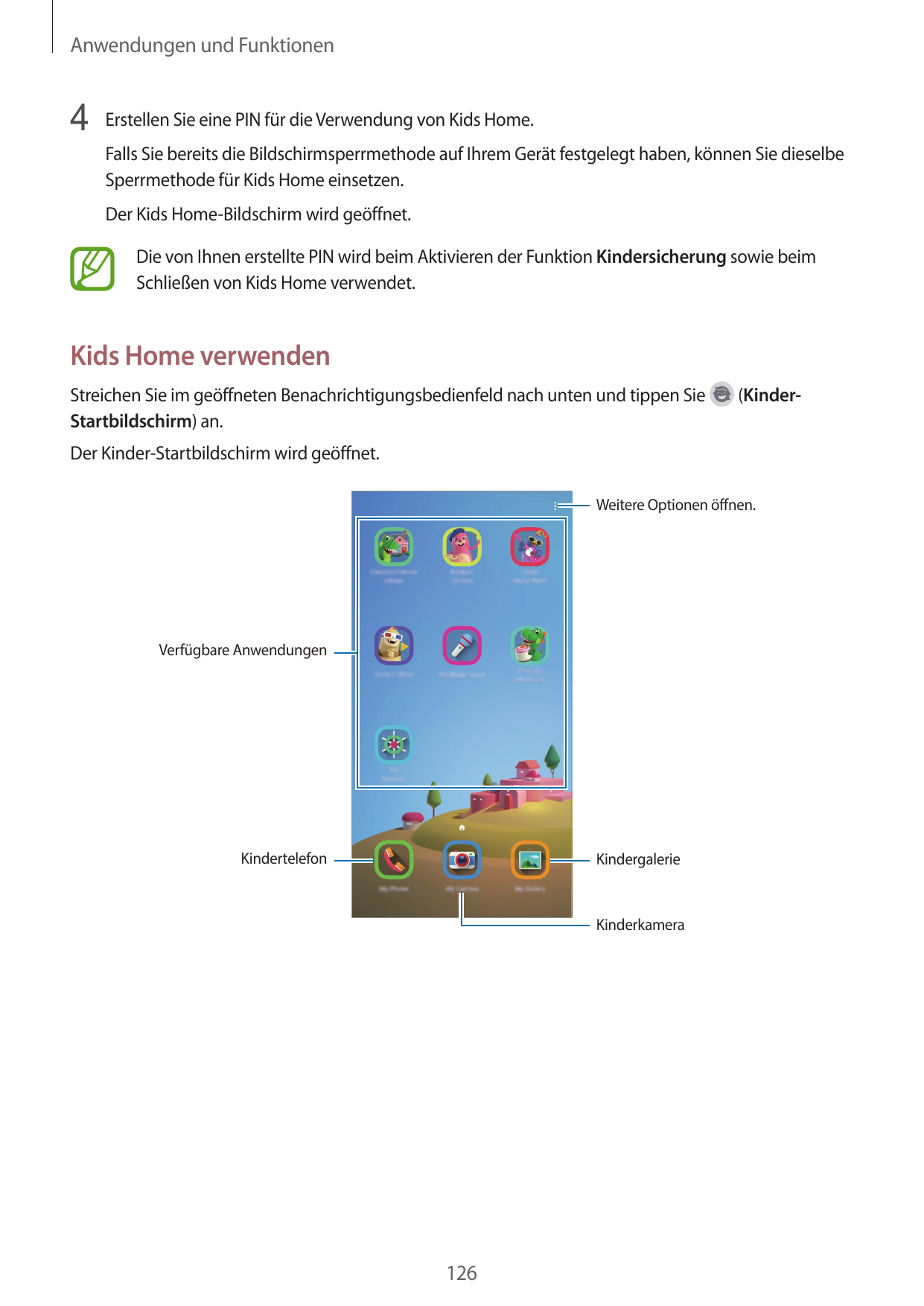 Anwendungen und Funktionen4 Erstellen Sie eine PIN für die Verwendung von Kids Home.Falls Sie bereits die Bildschirmsperrmethode