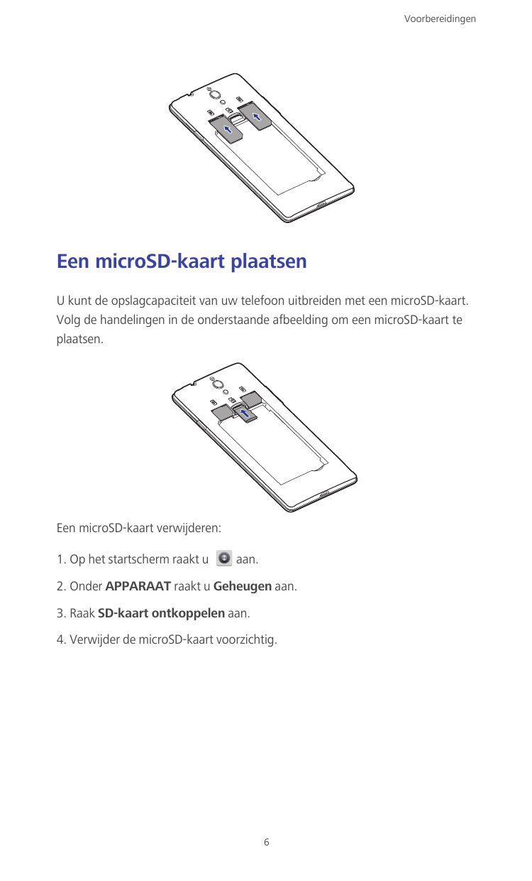 VoorbereidingenEen microSD-kaart plaatsenU kunt de opslagcapaciteit van uw telefoon uitbreiden met een microSD-kaart.Volg de han