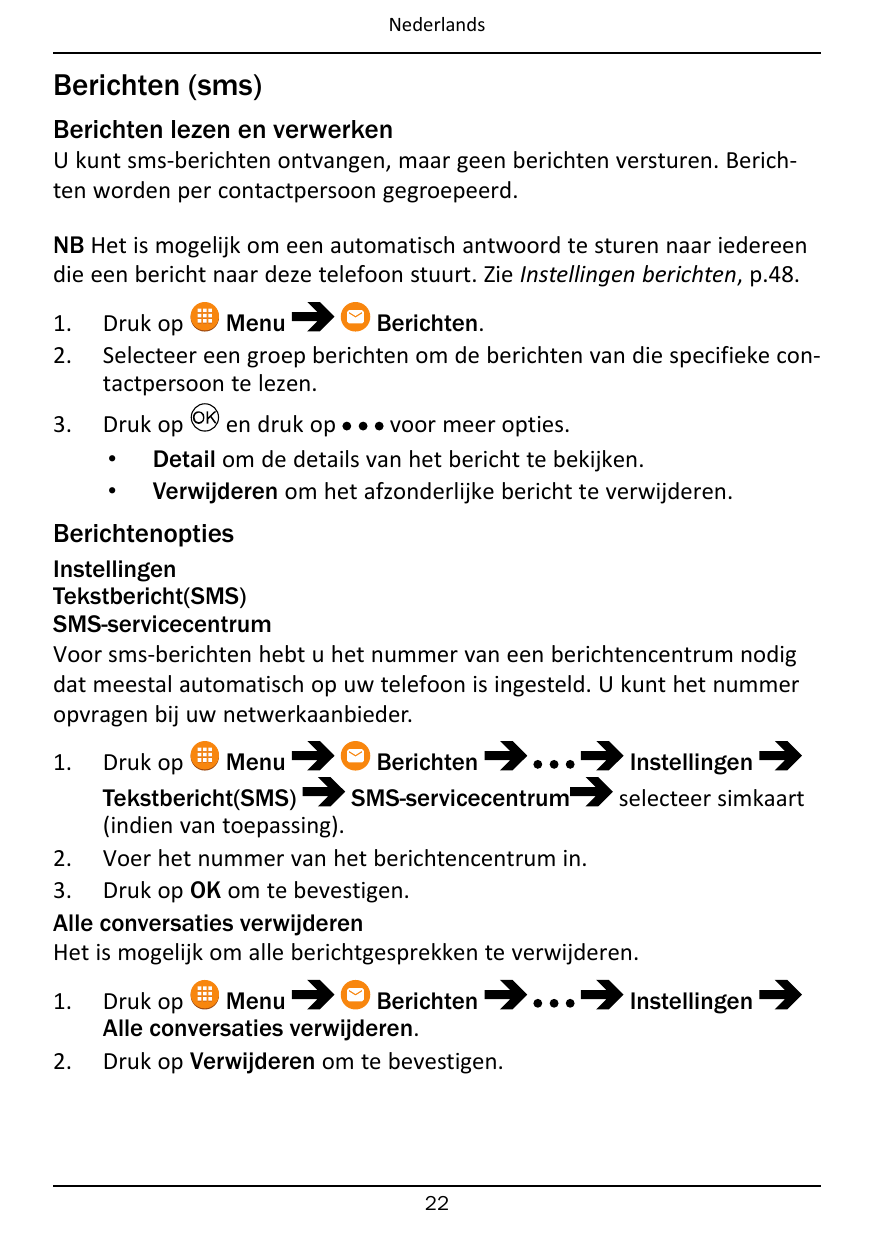 NederlandsBerichten (sms)Berichten lezen en verwerkenU kunt sms-berichten ontvangen, maar geen berichten versturen. Berichten wo