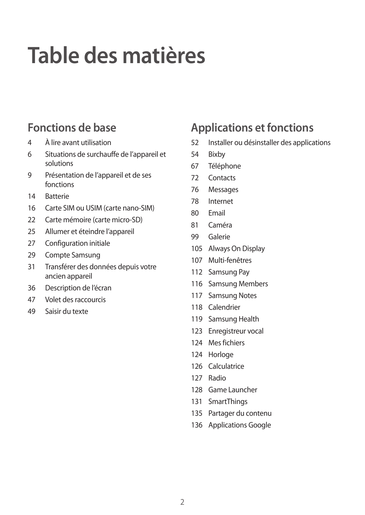 Table des matièresFonctions de baseApplications et fonctions4652 Installer ou désinstaller des applications54Bixby67Téléphone72C