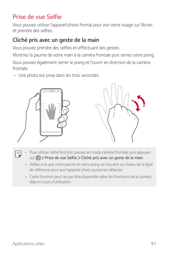Prise de vue SelfieVous pouvez utiliser l’appareil photo frontal pour voir votre visage sur l’écranet prendre des selfies.Cliché