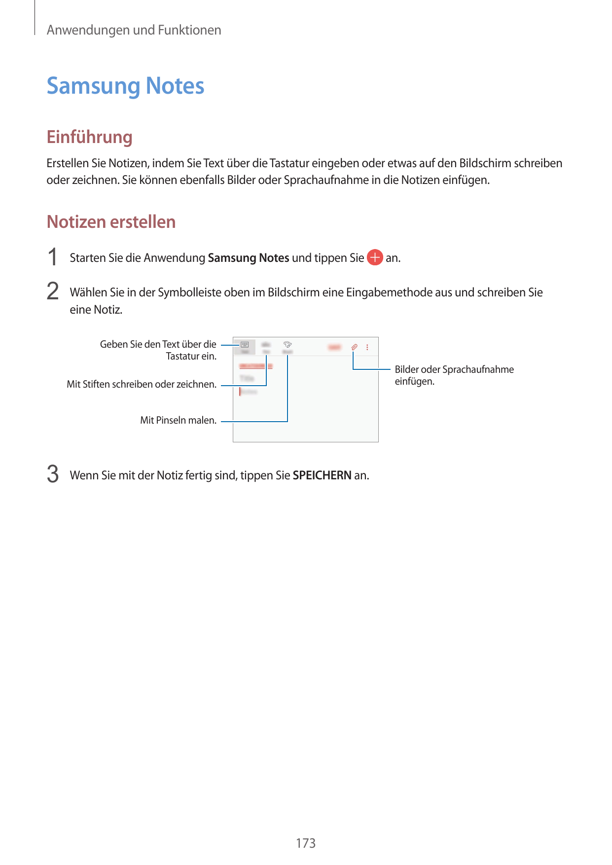 Anwendungen und FunktionenSamsung NotesEinführungErstellen Sie Notizen, indem Sie Text über die Tastatur eingeben oder etwas auf