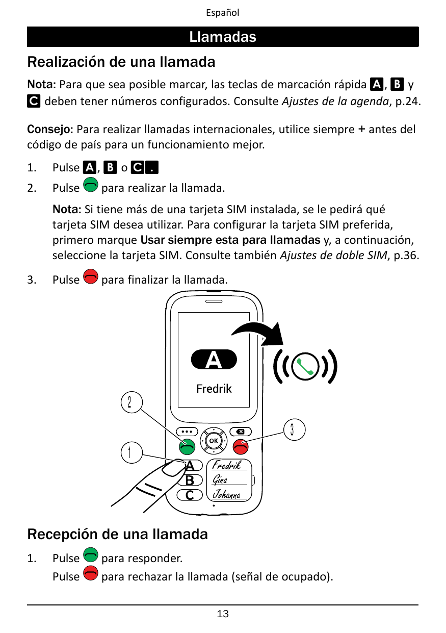 EspañolLlamadasRealización de una llamadaNota: Para que sea posible marcar, las teclas de marcación rápida A, B yC deben tener n