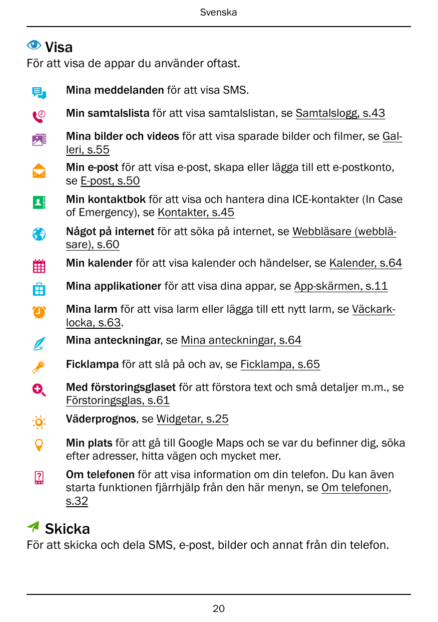 SvenskaVisaFör att visa de appar du använder oftast.Mina meddelanden för att visa SMS.Min samtalslista för att visa samtalslista
