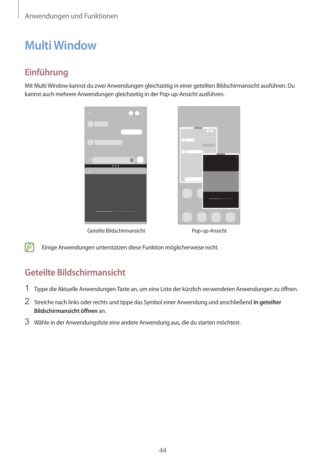 Anwendungen und FunktionenMulti WindowEinführungMit Multi Window kannst du zwei Anwendungen gleichzeitig in einer geteilten Bild