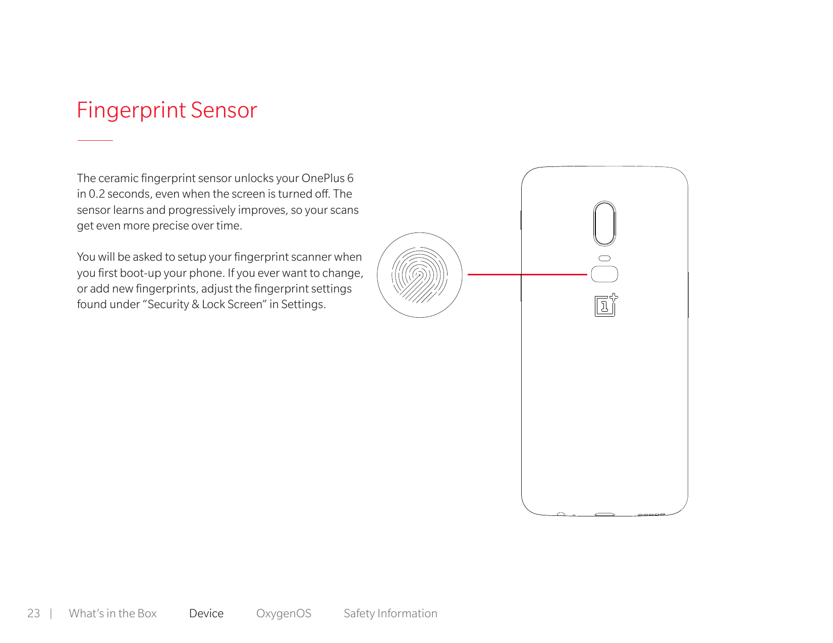 Fingerprint SensorThe ceramic fingerprint sensor unlocks your OnePlus 6in 0.2 seconds, even when the screen is turned off. These