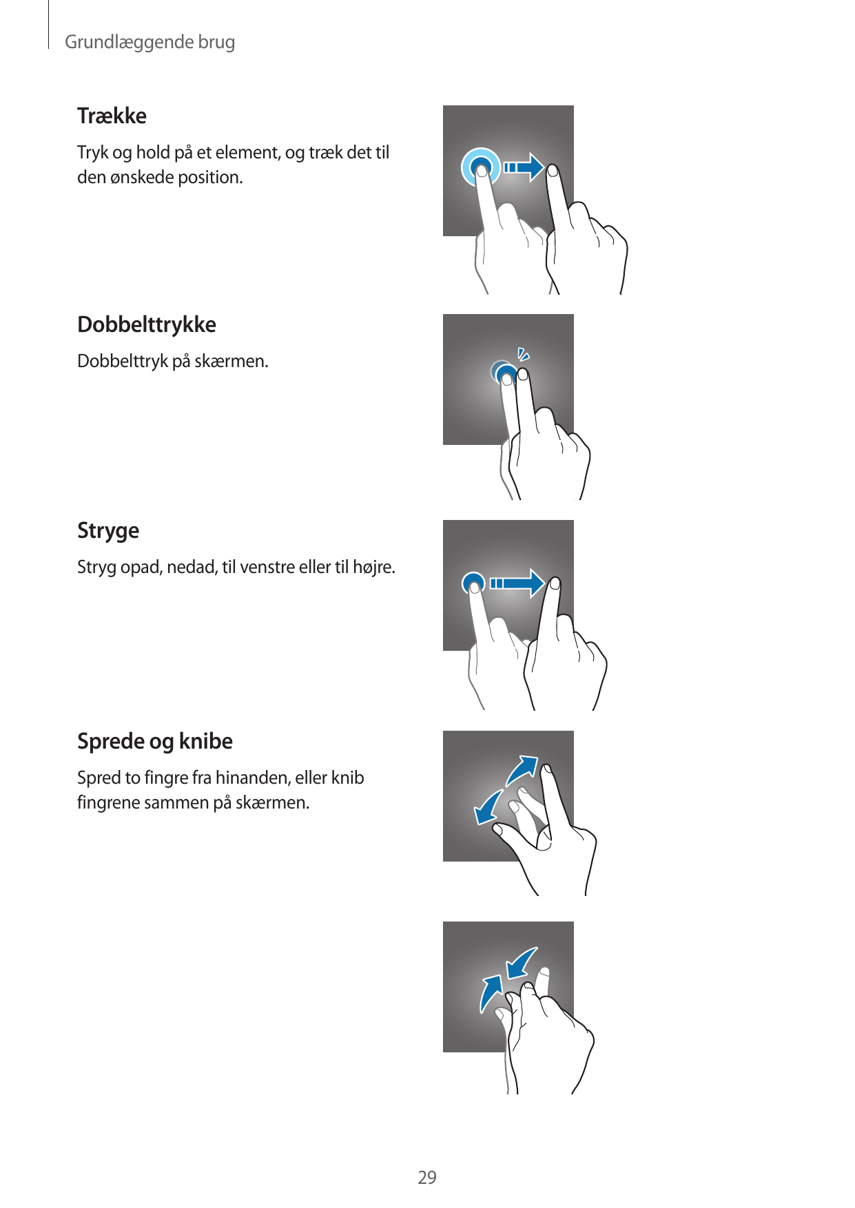 Grundlæggende brugTrækkeTryk og hold på et element, og træk det tilden ønskede position.DobbelttrykkeDobbelttryk på skærmen.Stry