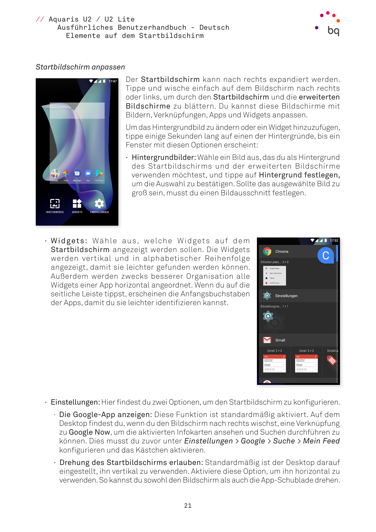 // Aquaris U2 / U2 LiteAusführliches Benutzerhandbuch - DeutschElemente auf dem StartbildschirmStartbildschirm anpassenDer Start