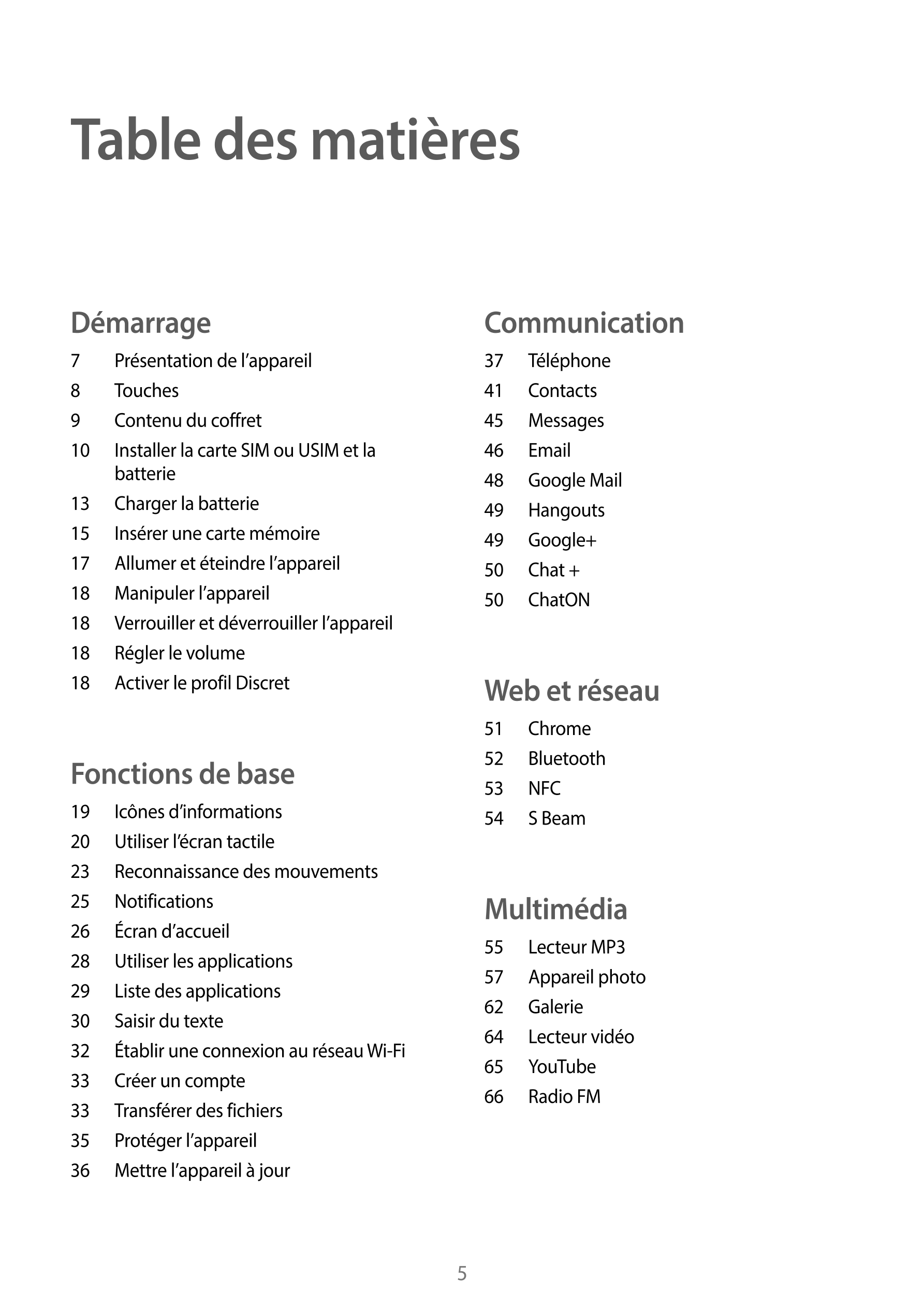 Table des matières
Démarrage Communication
7  Présentation de l’appareil 37  Téléphone
8  Touches 41  Contacts
9  Contenu du cof