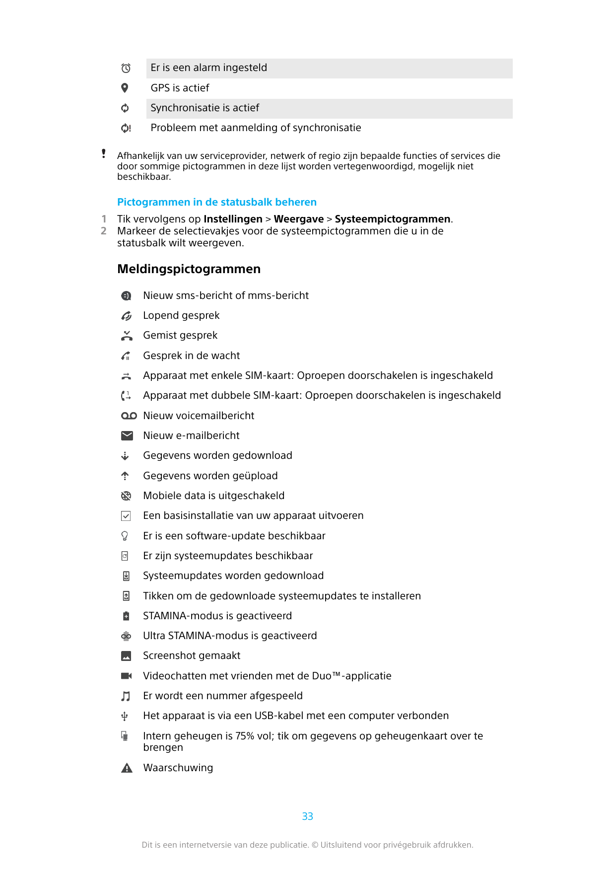 Er is een alarm ingesteldGPS is actiefSynchronisatie is actiefProbleem met aanmelding of synchronisatieAfhankelijk van uw servic