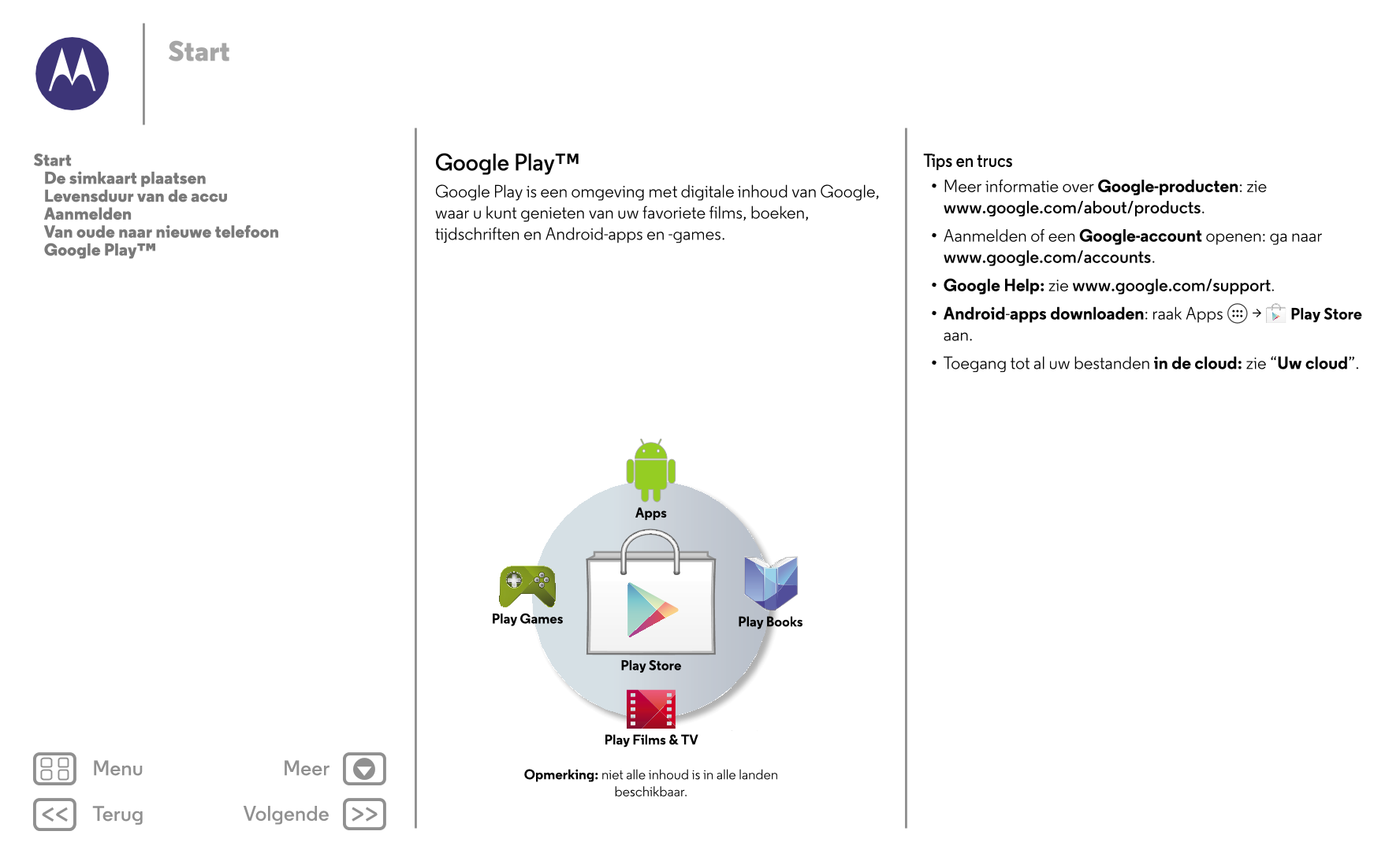 Start
Start Google Play™ Tips en trucs
   De simkaart plaatsen
   Levensduur van de accu Google Play is een omgeving met digital