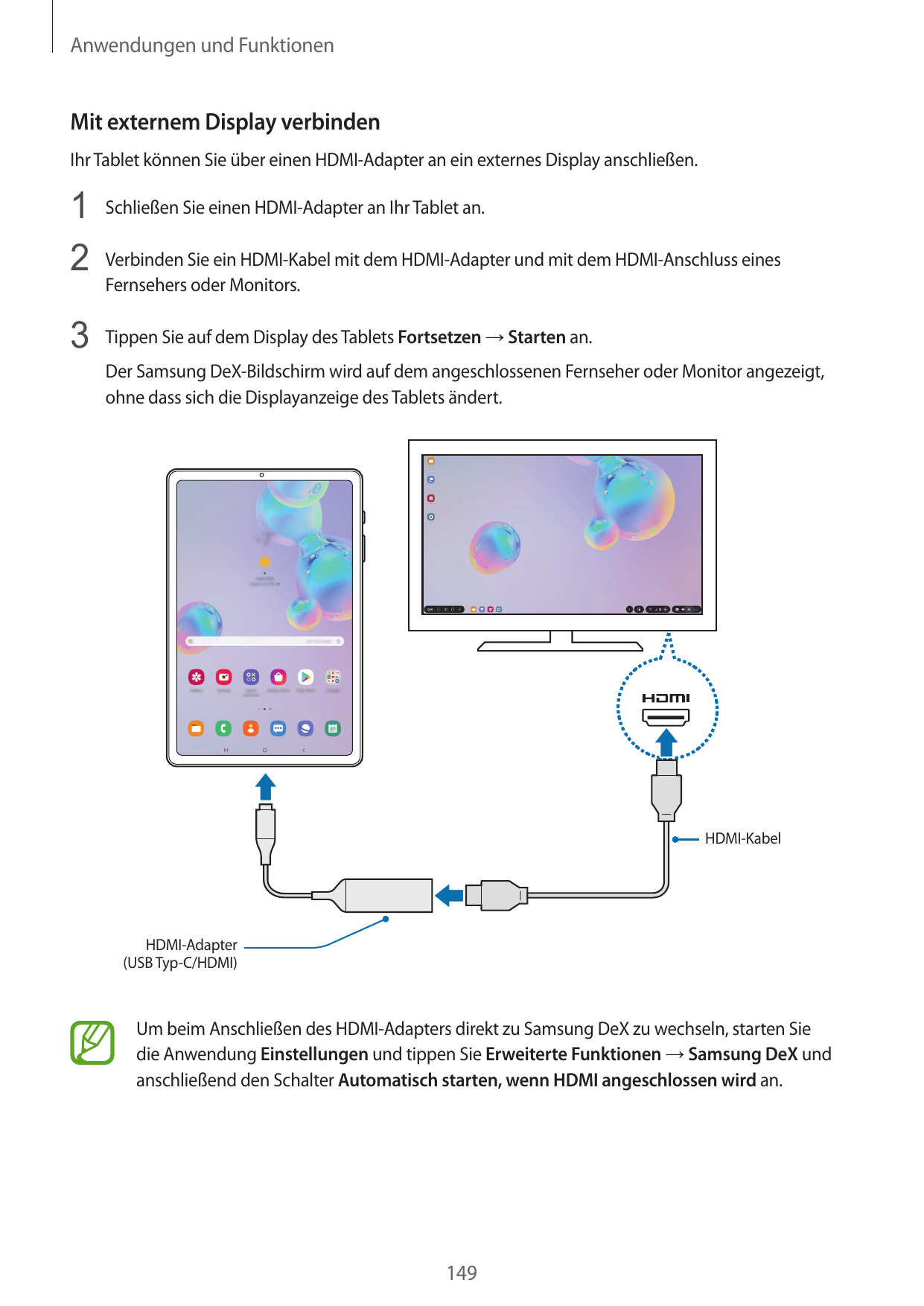 Anwendungen und FunktionenMit externem Display verbindenIhr Tablet können Sie über einen HDMI-Adapter an ein externes Display an