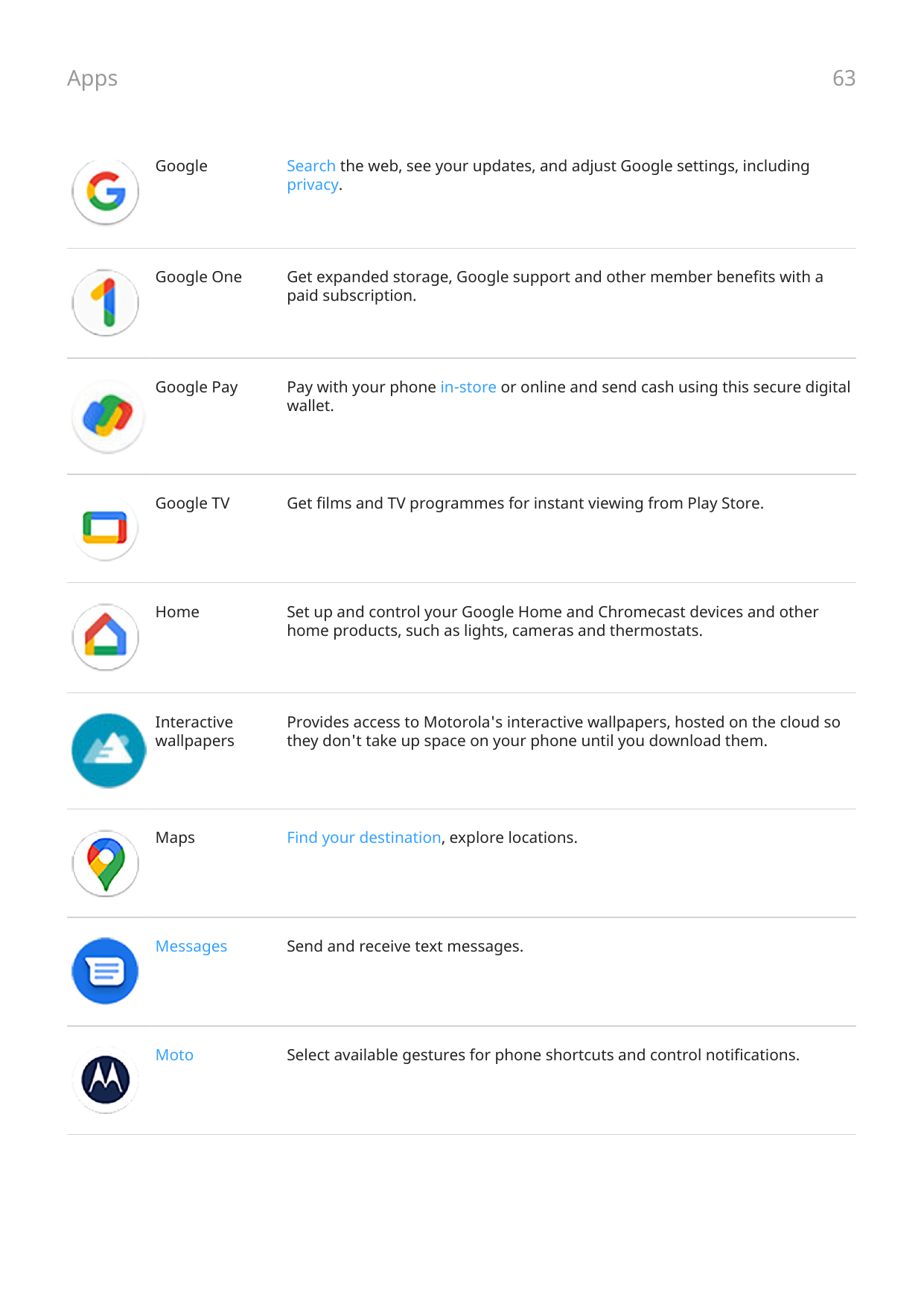 Apps63GoogleSearch the web, see your updates, and adjust Google settings, includingprivacy.Google OneGet expanded storage, Googl