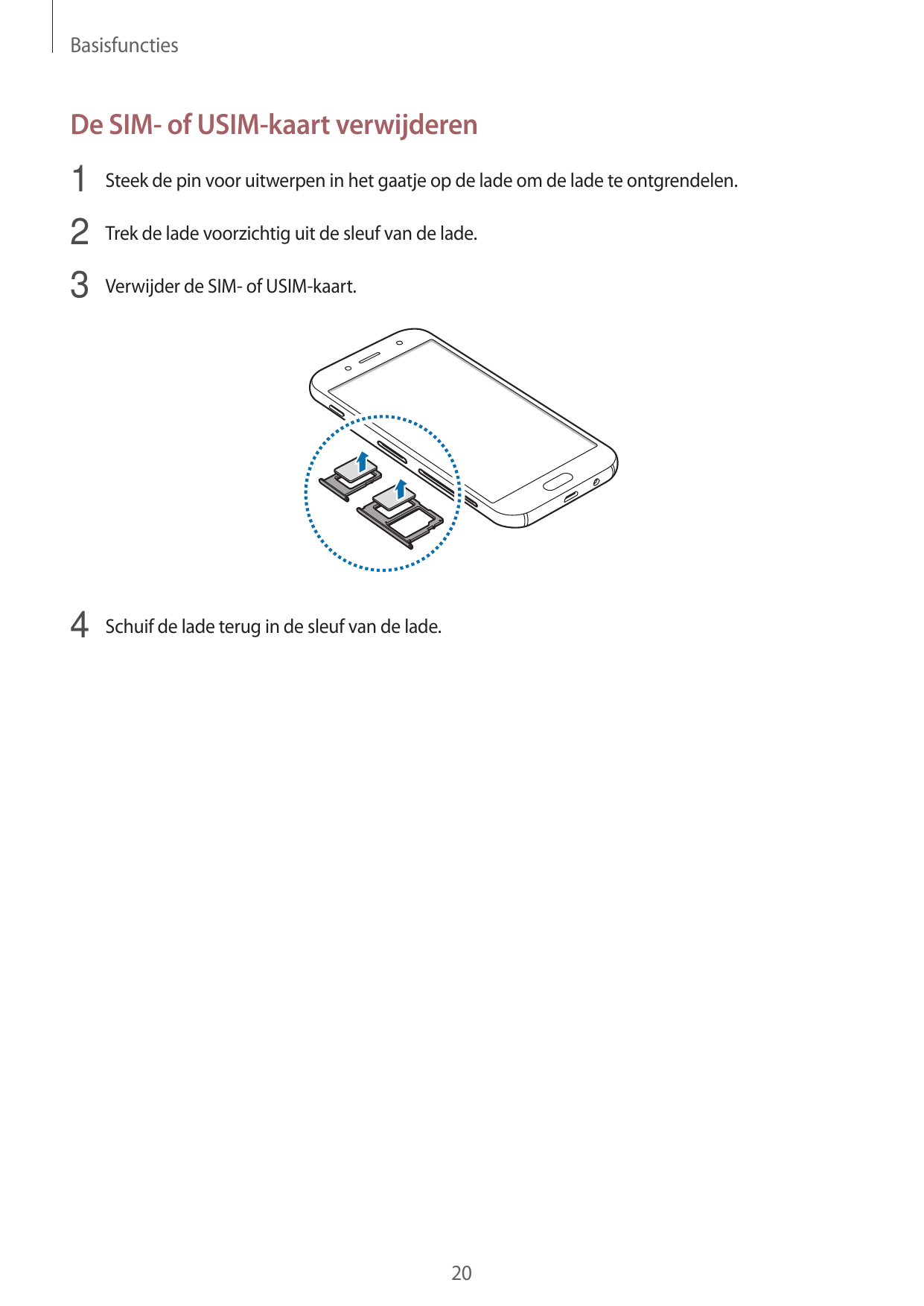 BasisfunctiesDe SIM- of USIM-kaart verwijderen1 Steek de pin voor uitwerpen in het gaatje op de lade om de lade te ontgrendelen.