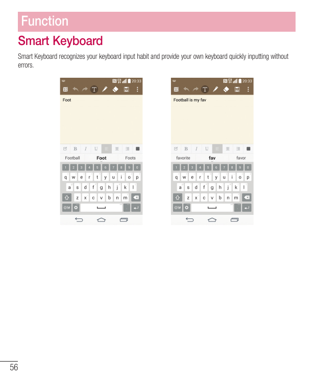 FunctionSmart KeyboardSmart Keyboard recognizes your keyboard input habit and provide your own keyboard quickly inputting withou