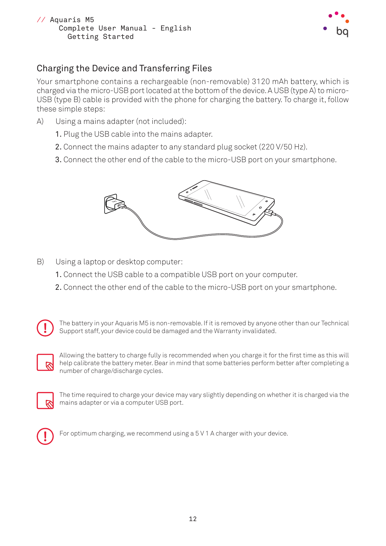 // Aquaris M5Complete User Manual - EnglishGetting StartedCharging the Device and Transferring FilesYour smartphone contains a r
