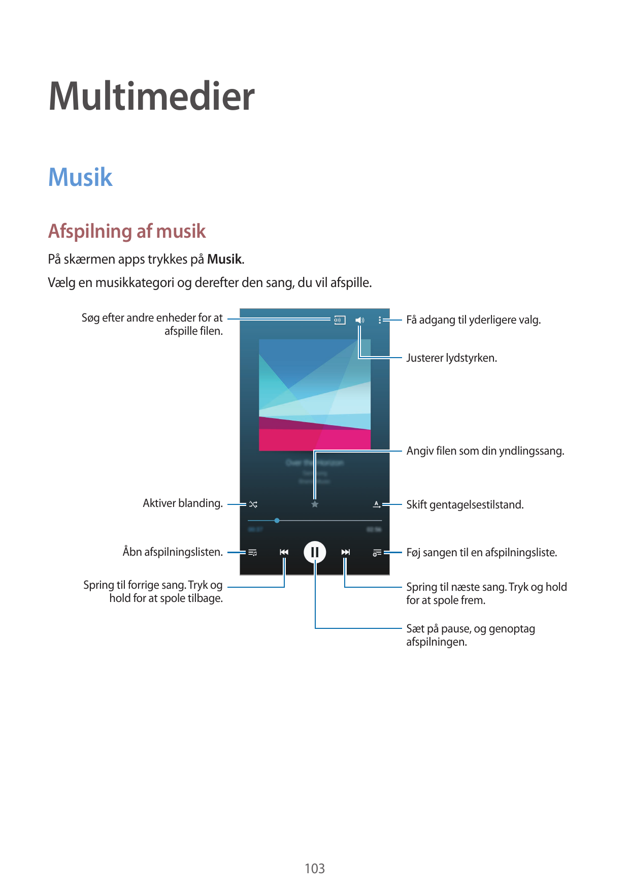 MultimedierMusikAfspilning af musikPå skærmen apps trykkes på Musik.Vælg en musikkategori og derefter den sang, du vil afspille.