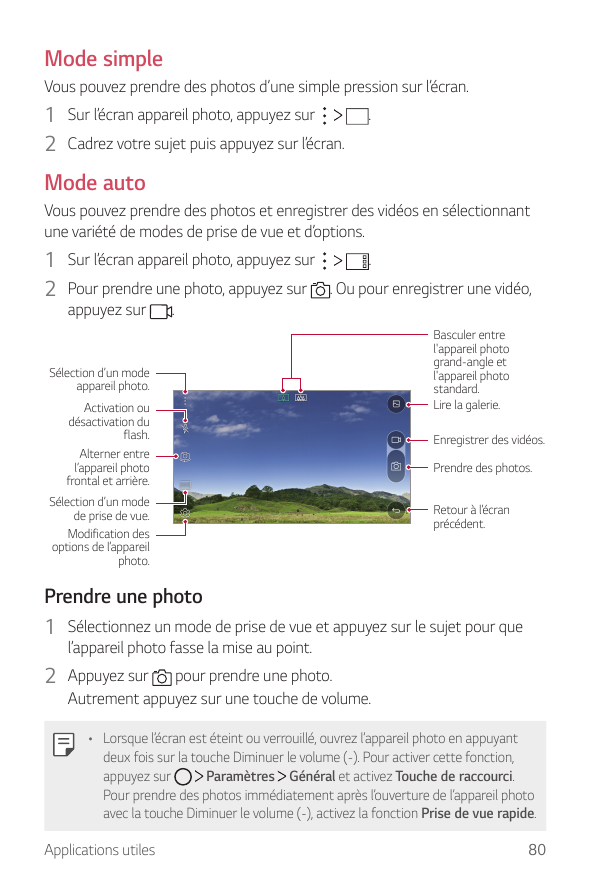 Mode simpleVous pouvez prendre des photos d’une simple pression sur l’écran.1 Sur l’écran appareil photo, appuyez sur2 Cadrez vo