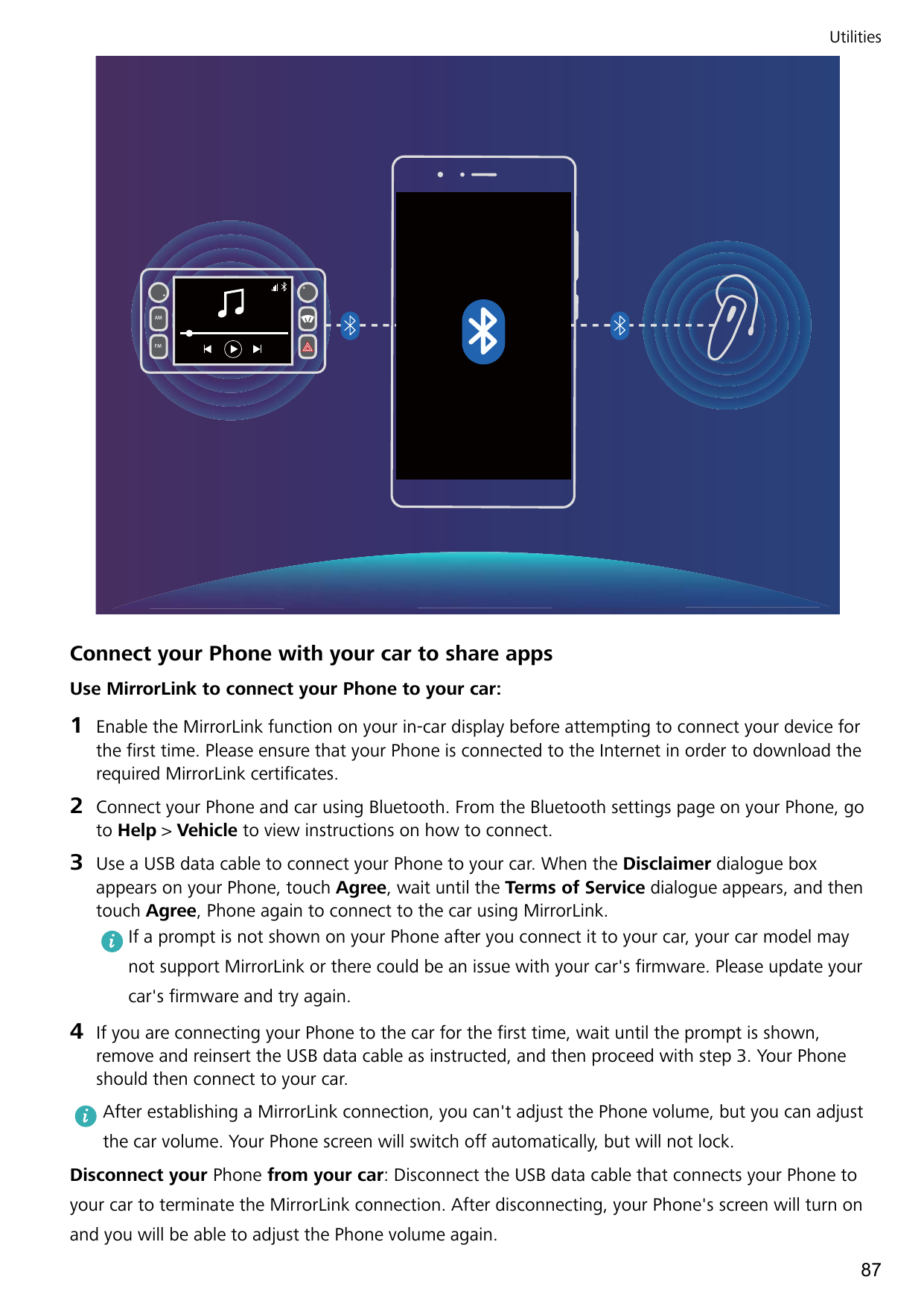 UtilitiesAMFMConnect your Phone with your car to share appsUse MirrorLink to connect your Phone to your car:1Enable the MirrorLi