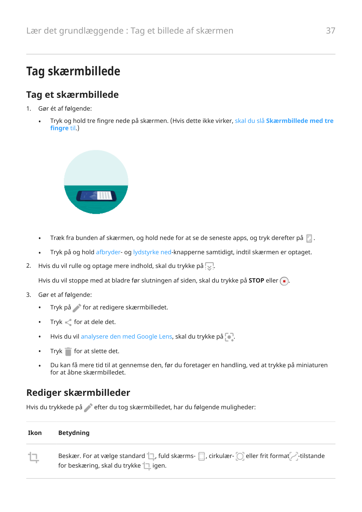 Lær det grundlæggende : Tag et billede af skærmen37Tag skærmbilledeTag et skærmbillede1.2.Gør ét af følgende:•Tryk og hold tre f